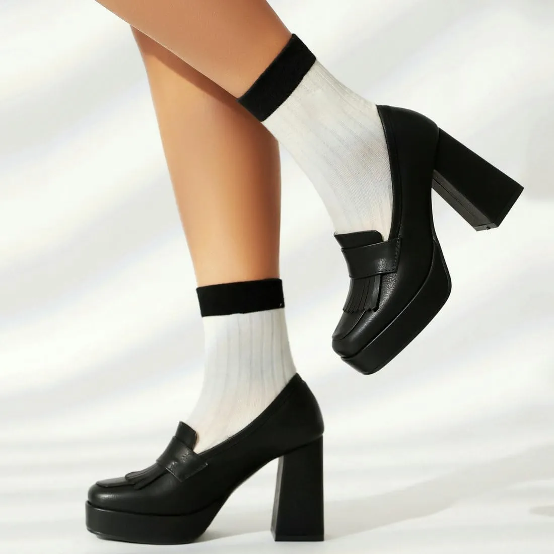 DINTAHA Tassel Chunky Platform Loafers for Women Square Toe Block High Heel Pumps
