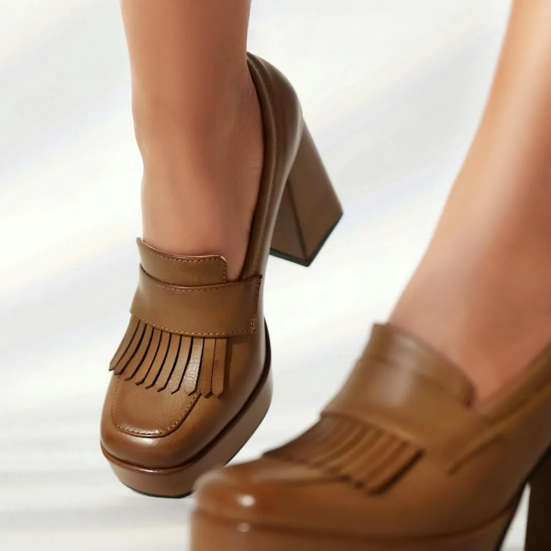 DINTAHA Tassel Chunky Platform Loafers for Women Square Toe Block High Heel Pumps