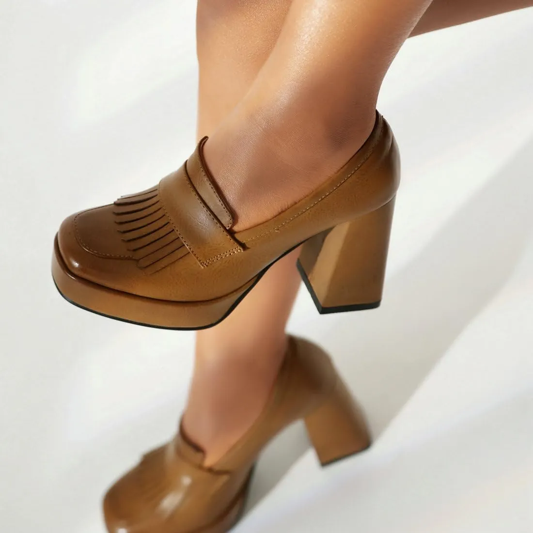 DINTAHA Tassel Chunky Platform Loafers for Women Square Toe Block High Heel Pumps