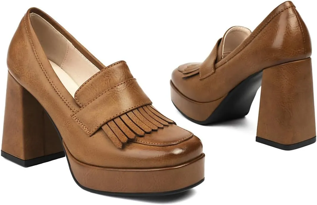 DINTAHA Tassel Chunky Platform Loafers for Women Square Toe Block High Heel Pumps