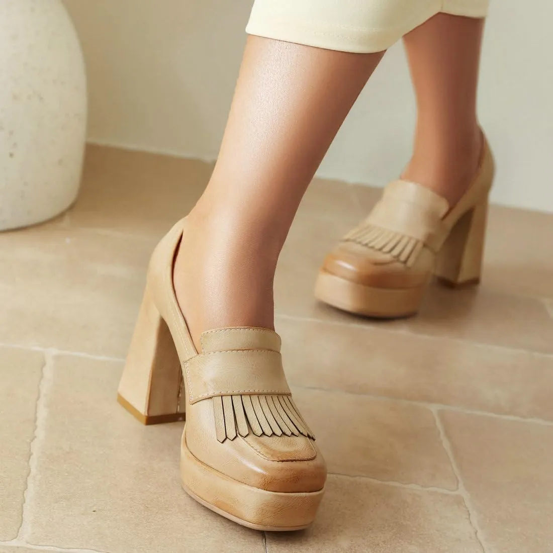 DINTAHA Tassel Chunky Platform Loafers for Women Square Toe Block High Heel Pumps
