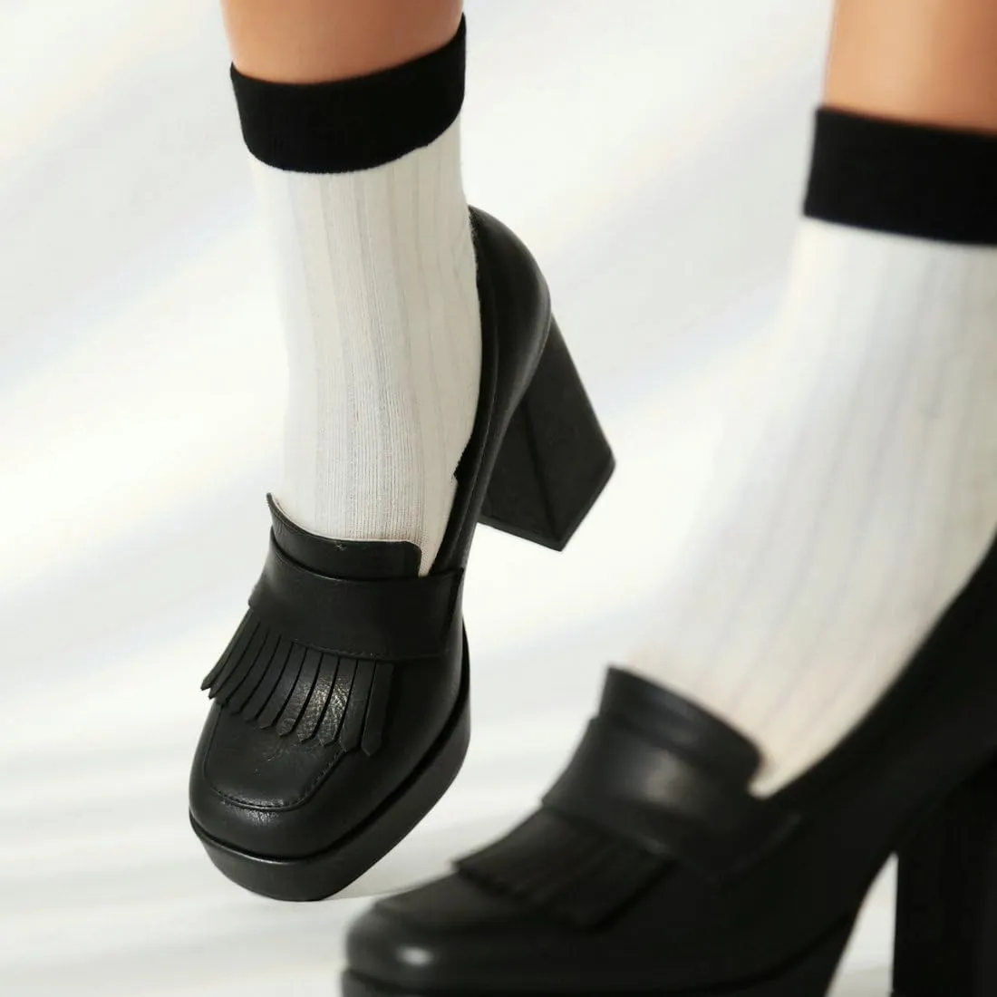 DINTAHA Tassel Chunky Platform Loafers for Women Square Toe Block High Heel Pumps