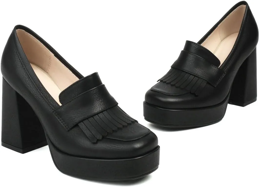 DINTAHA Tassel Chunky Platform Loafers for Women Square Toe Block High Heel Pumps