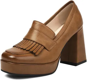 DINTAHA Tassel Chunky Platform Loafers for Women Square Toe Block High Heel Pumps