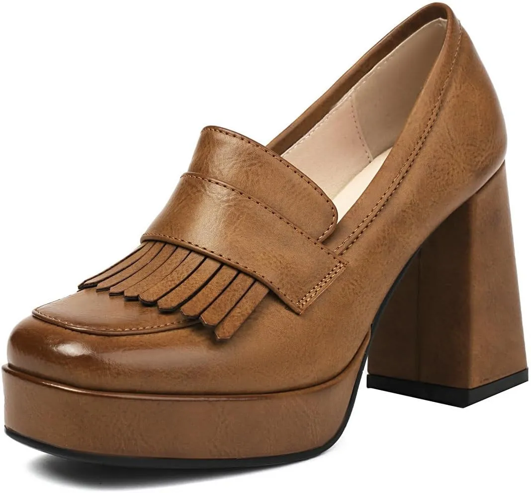 DINTAHA Tassel Chunky Platform Loafers for Women Square Toe Block High Heel Pumps