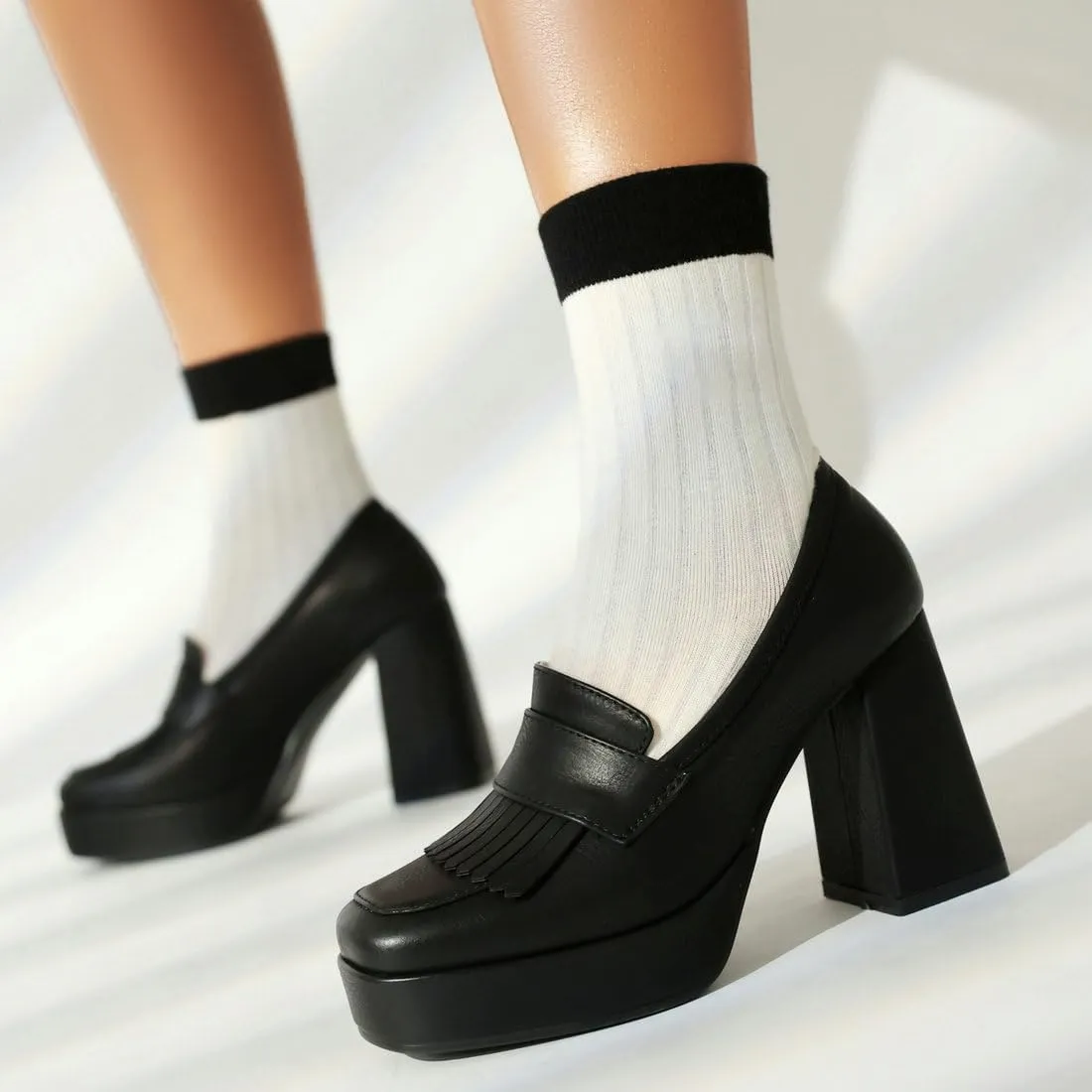 DINTAHA Tassel Chunky Platform Loafers for Women Square Toe Block High Heel Pumps