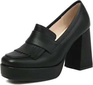 DINTAHA Tassel Chunky Platform Loafers for Women Square Toe Block High Heel Pumps
