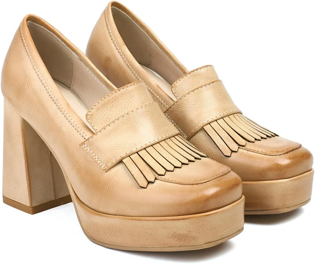 DINTAHA Tassel Chunky Platform Loafers for Women Square Toe Block High Heel Pumps