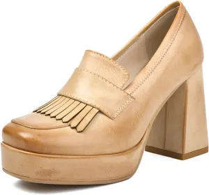 DINTAHA Tassel Chunky Platform Loafers for Women Square Toe Block High Heel Pumps