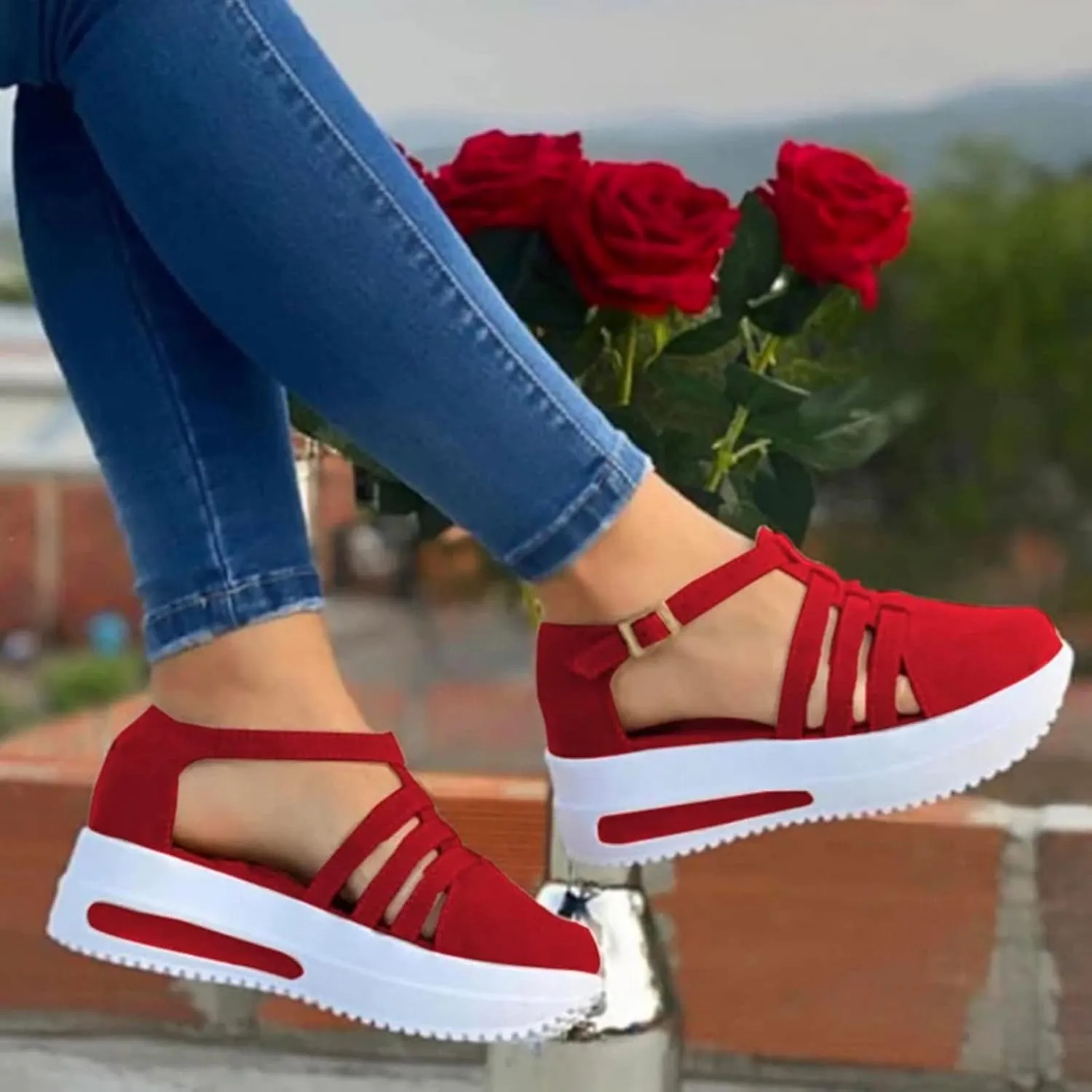 Dotmalls Shoes for Women,Platform Wedges Sandals Casual Dressy Summer 2025 Comfortable Non Slip on Ankle Strap Walking Cushioned Loafers On Low Top Lightweight Canvas Wedge Breathble Sneakers