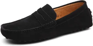 Easy to Put and Remove Smoking Loafer Driving Moccasins for Men Genuine Leather Suede Vamp Penny Loafer Stitching Details Round Toe Soft Flat Heel Flexible Comfortable for All Occasions