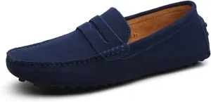Easy to Put and Remove Smoking Loafer Driving Moccasins for Men Genuine Leather Suede Vamp Penny Loafer Stitching Details Round Toe Soft Flat Heel Flexible Comfortable for All Occasions