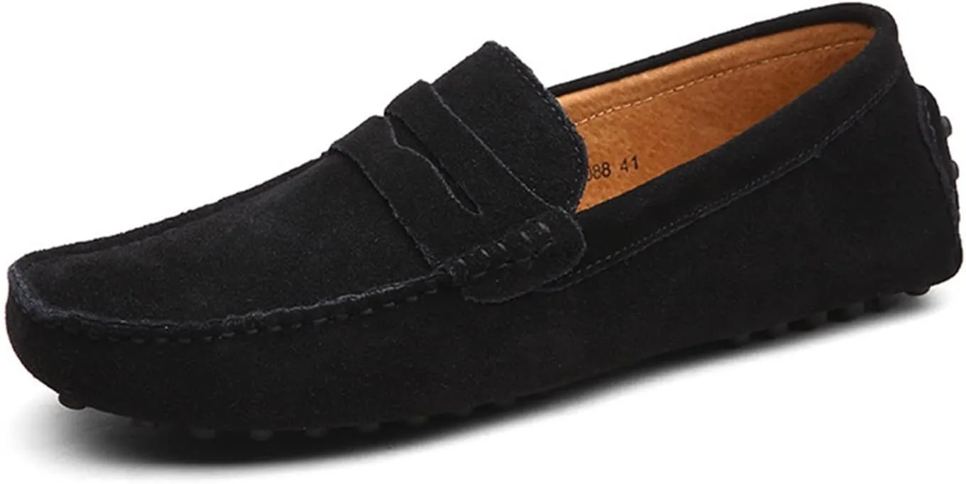 Easy to Put and Remove Smoking Loafer Driving Moccasins for Men Genuine Leather Suede Vamp Penny Loafer Stitching Details Round Toe Soft Flat Heel Flexible Comfortable for All Occasions