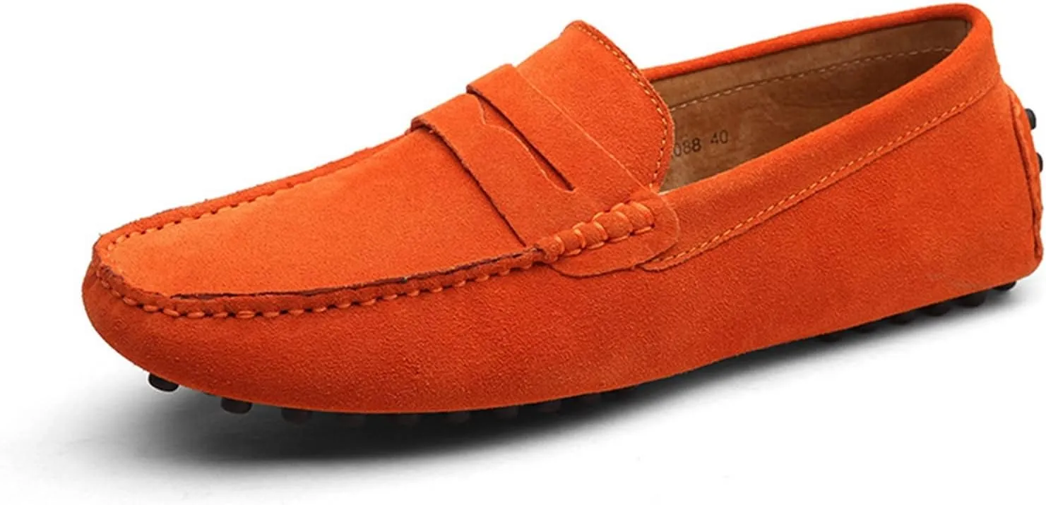 Easy to Put and Remove Smoking Loafer Driving Moccasins for Men Genuine Leather Suede Vamp Penny Loafer Stitching Details Round Toe Soft Flat Heel Flexible Comfortable for All Occasions
