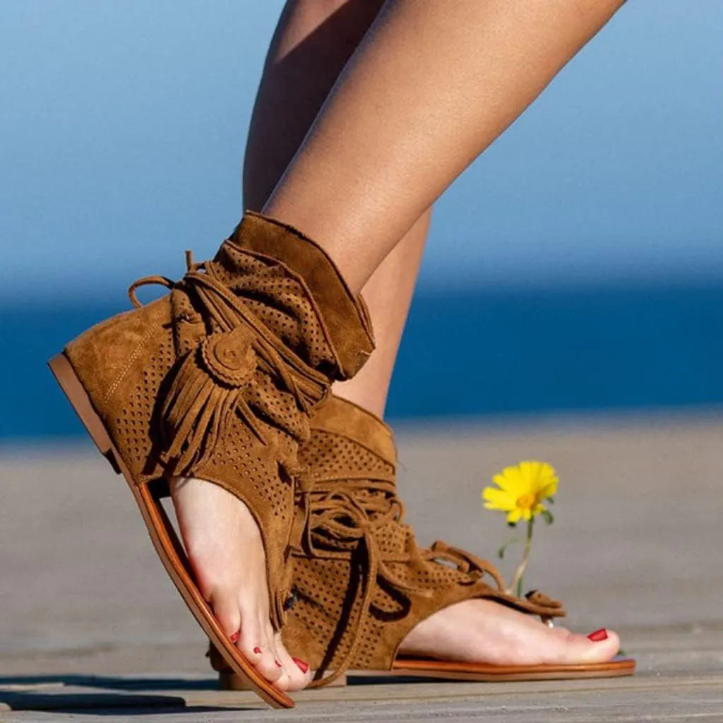 Eduavar Sandals Women Comfortable, Orthopedic Sandals for Women Bohemian Gladiator Fringe Flat Clip Toe Ankle Boots