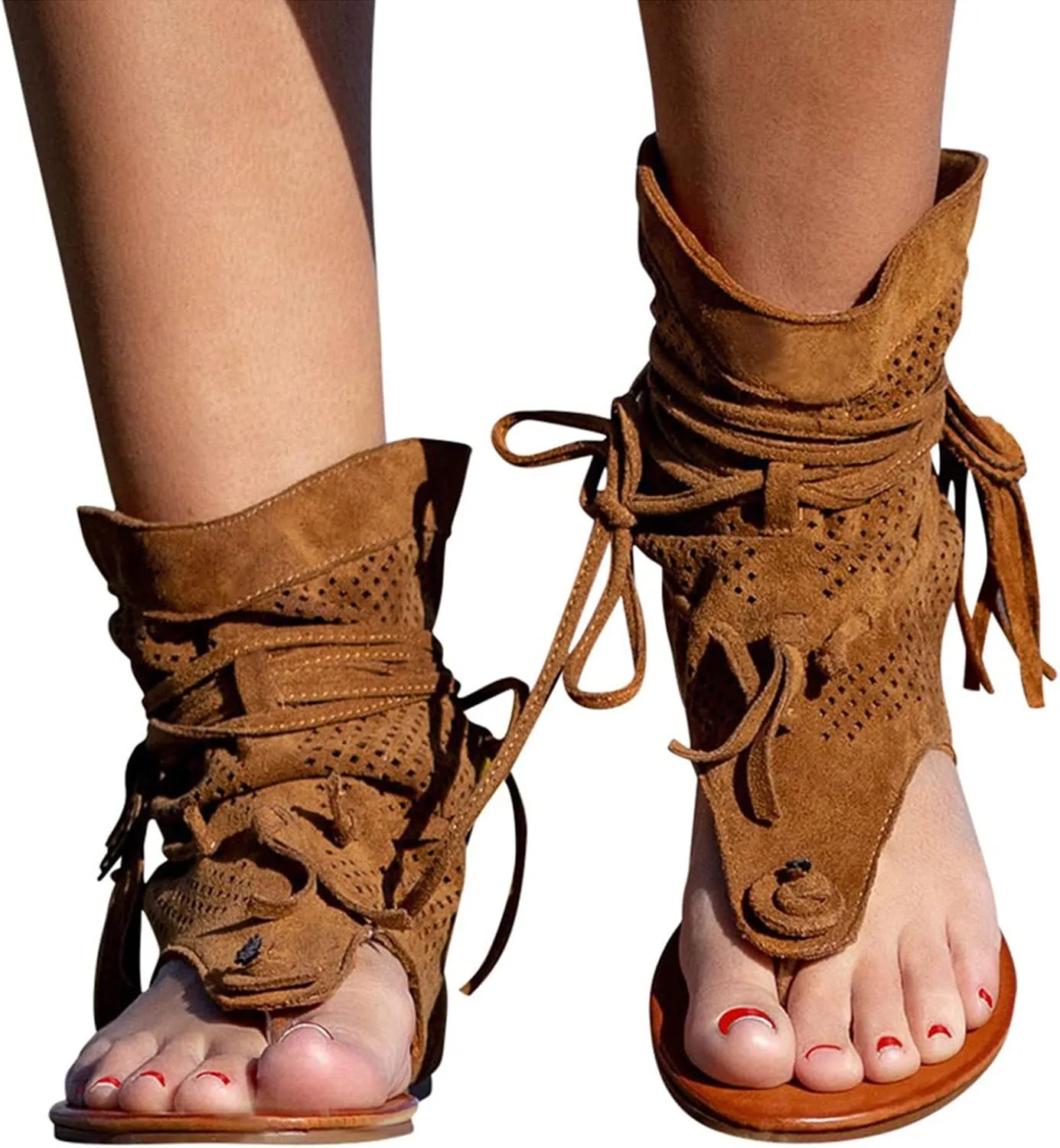 Eduavar Sandals Women Comfortable, Orthopedic Sandals for Women Bohemian Gladiator Fringe Flat Clip Toe Ankle Boots