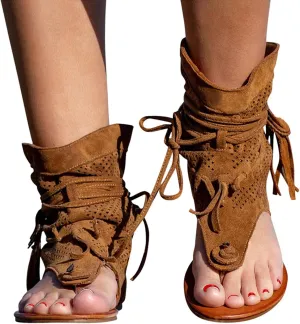 Eduavar Sandals Women Comfortable, Orthopedic Sandals for Women Bohemian Gladiator Fringe Flat Clip Toe Ankle Boots