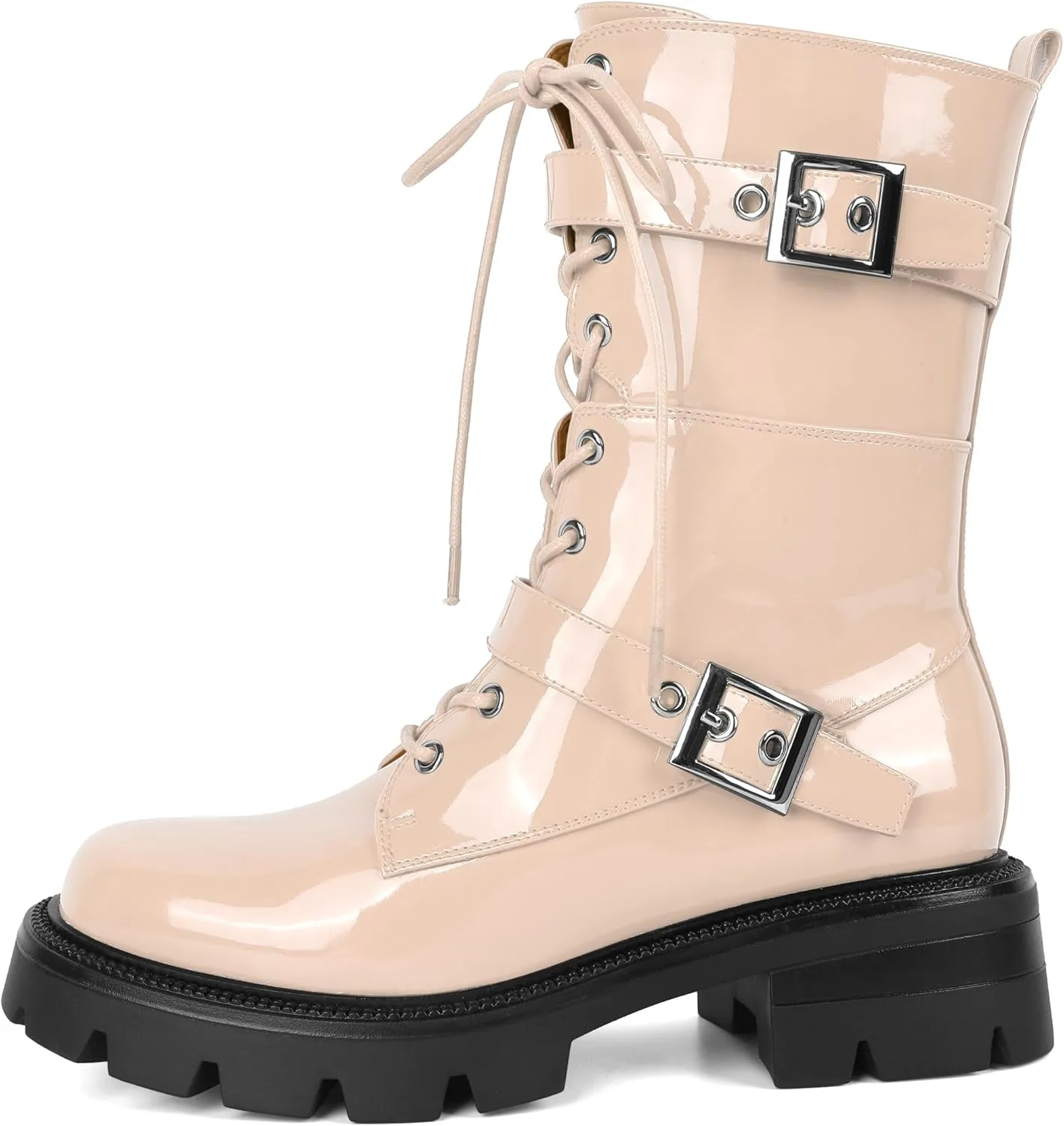 Eldof Women's Combat Boots Ankle Booties Lace Up Platform Lug Sole Chunky Low Heel Buckle Goth Motorcycle Boots for Women Side Zipper 2 Inches