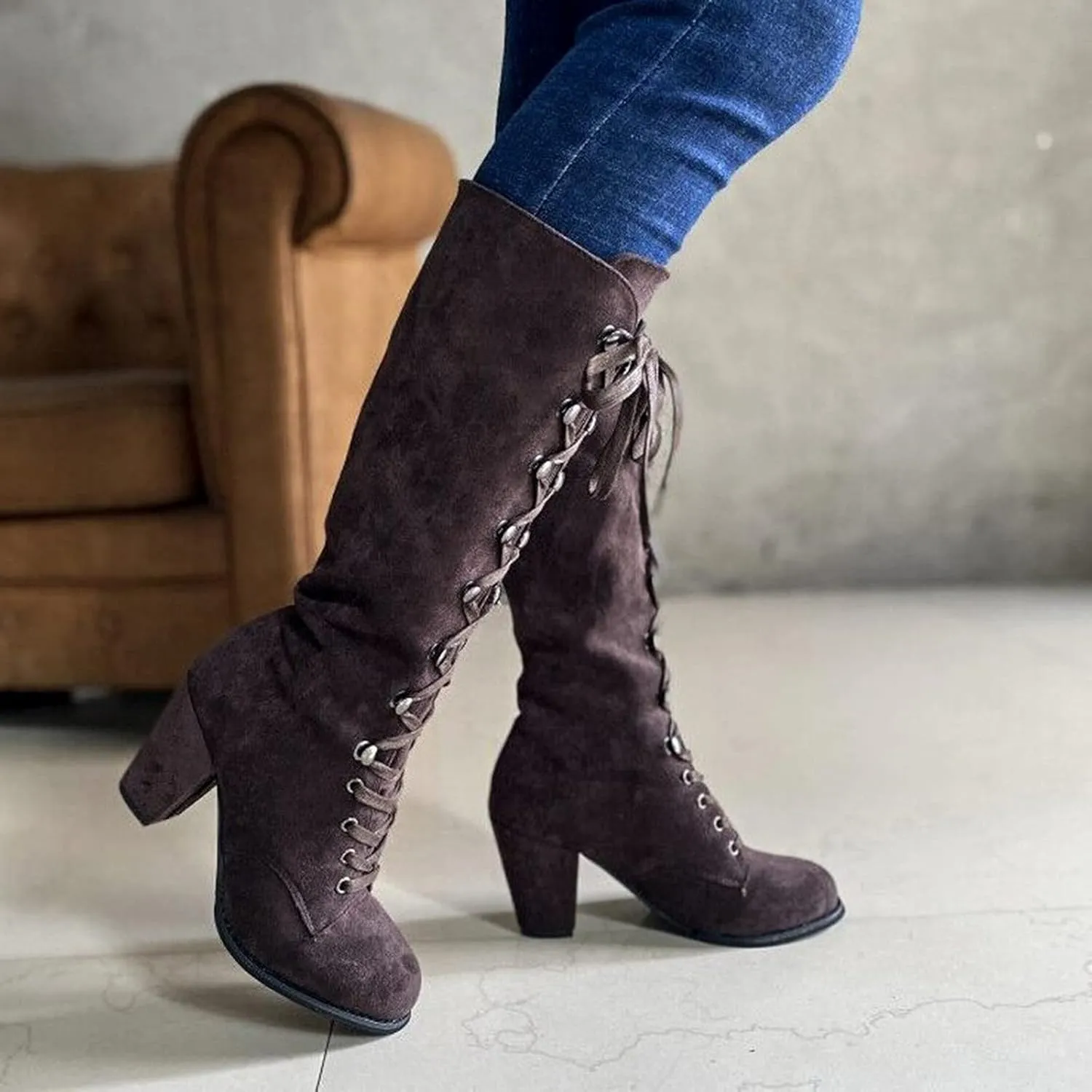 Fall Boots for Women 2023 Cowboy Boots Vintage Knee High Boots Lace Up Boots Chunky Heels Gothic Mid Calf Boots Retro