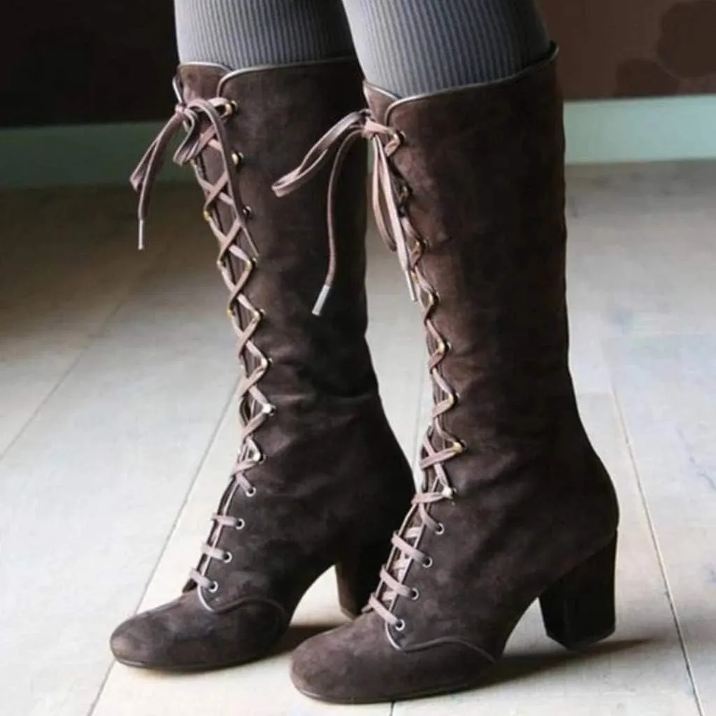 Fall Boots for Women 2023 Cowboy Boots Vintage Knee High Boots Lace Up Boots Chunky Heels Gothic Mid Calf Boots Retro