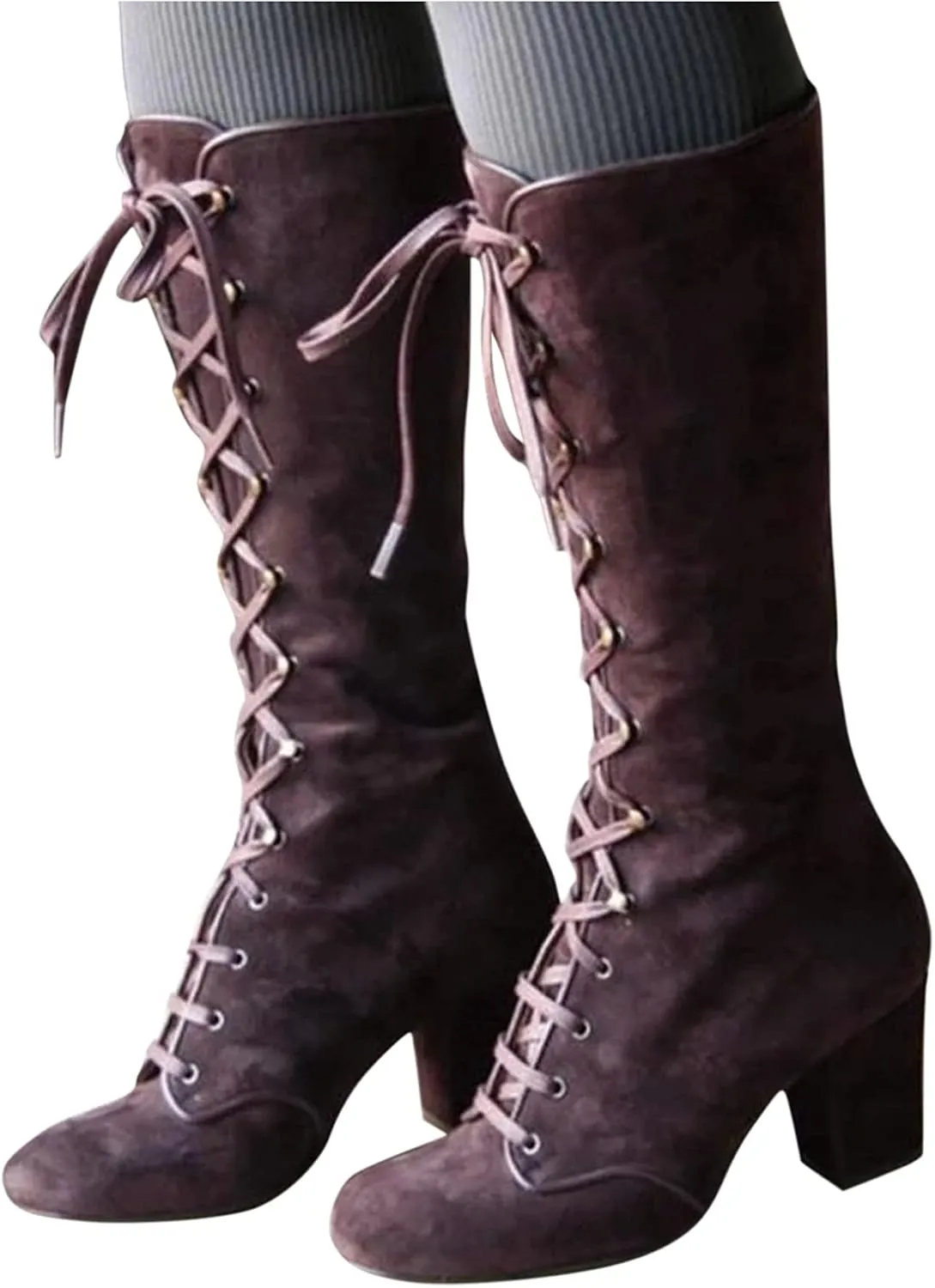 Fall Boots for Women 2023 Cowboy Boots Vintage Knee High Boots Lace Up Boots Chunky Heels Gothic Mid Calf Boots Retro