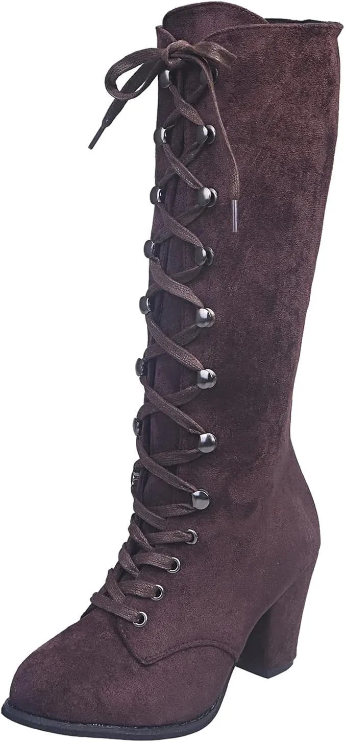 Fall Boots for Women 2023 Cowboy Boots Vintage Knee High Boots Lace Up Boots Chunky Heels Gothic Mid Calf Boots Retro