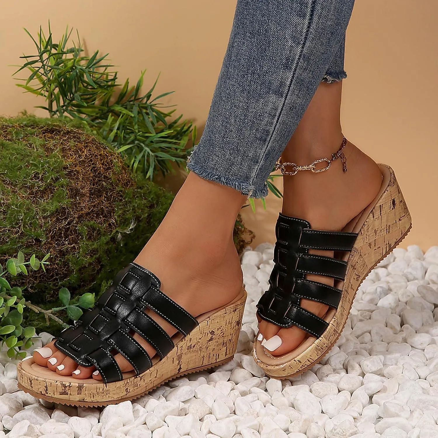 Fashion Wedge Sandals for Women Arch Support Slides Sandals Walking Shoes