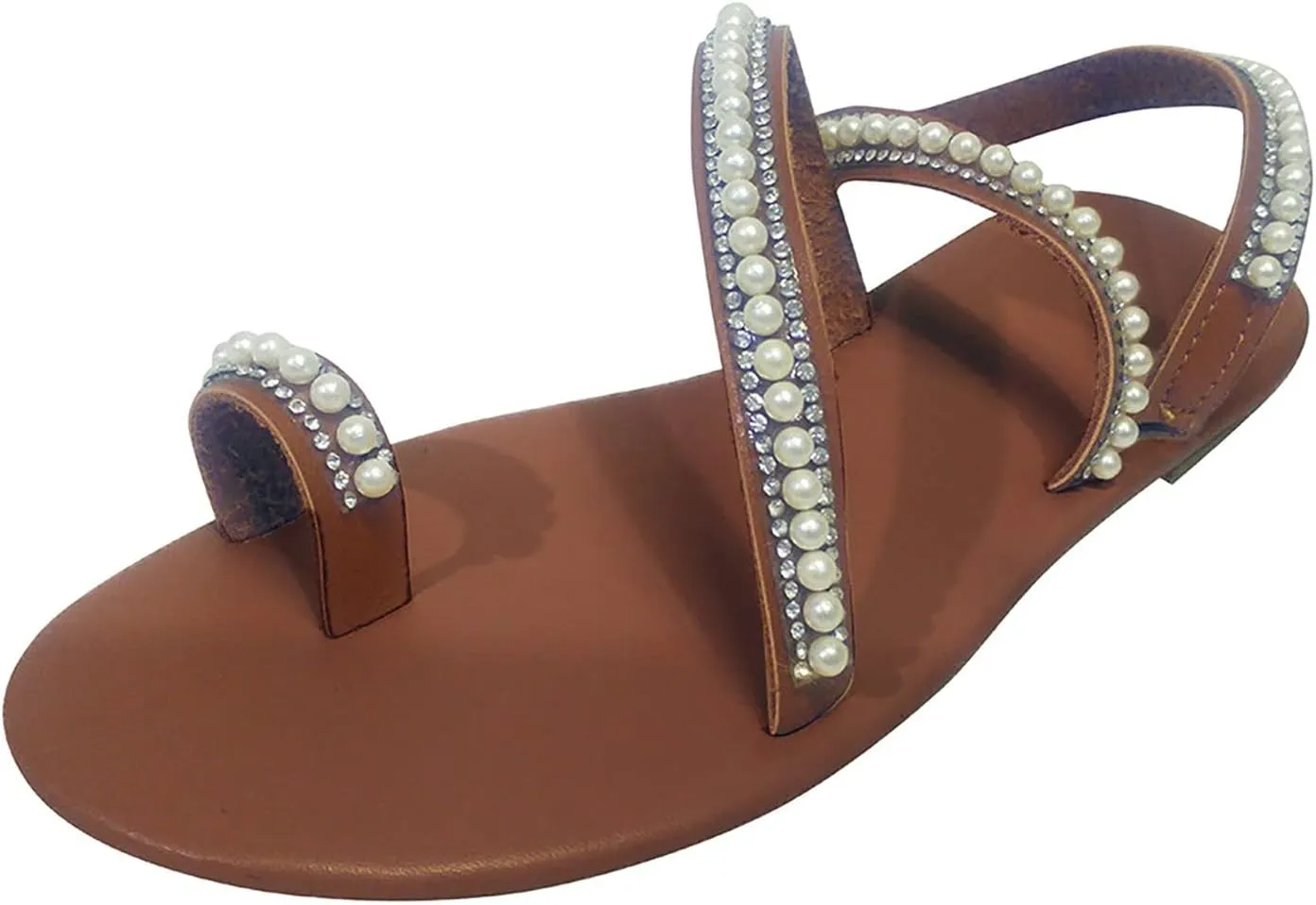 Flat Sandals for Women Dressy Summer Beaded Flip-Flop Bohemia Bling Rhinestone Thong Sandals Roman Shoes with Ankle Strap