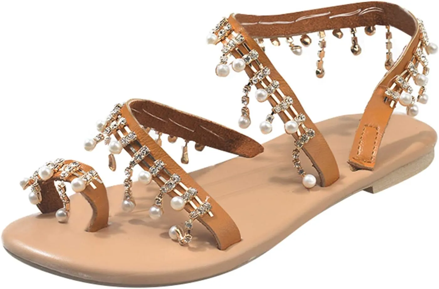 Flat Sandals for Women Dressy Summer Beaded Flip-Flop Bohemia Bling Rhinestone Thong Sandals Roman Shoes with Ankle Strap