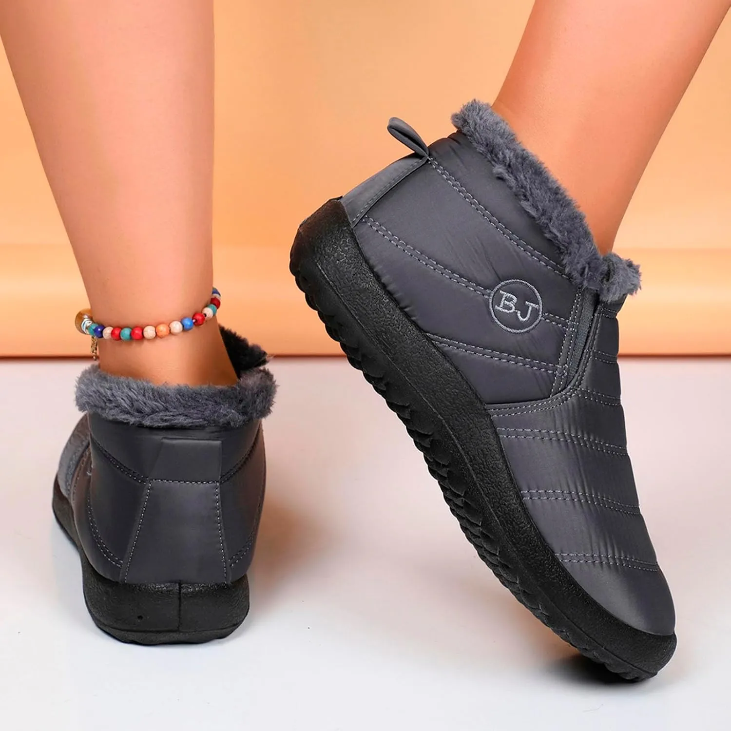 Fur Lined Ankle Boots Women Winter Warm Fleece Shoes Comfort Flat Booties Slip on Snow Booties Walking Boot