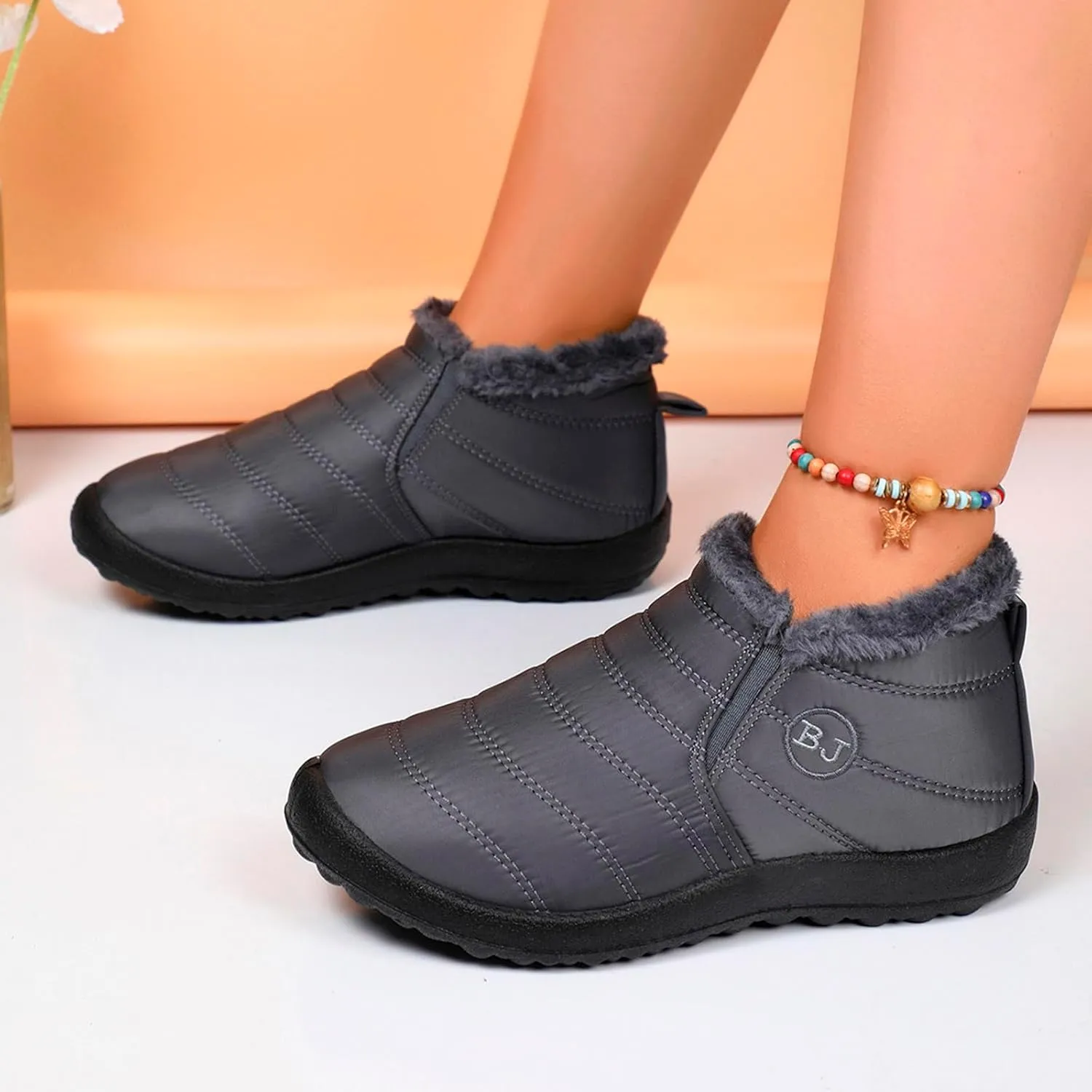 Fur Lined Ankle Boots Women Winter Warm Fleece Shoes Comfort Flat Booties Slip on Snow Booties Walking Boot