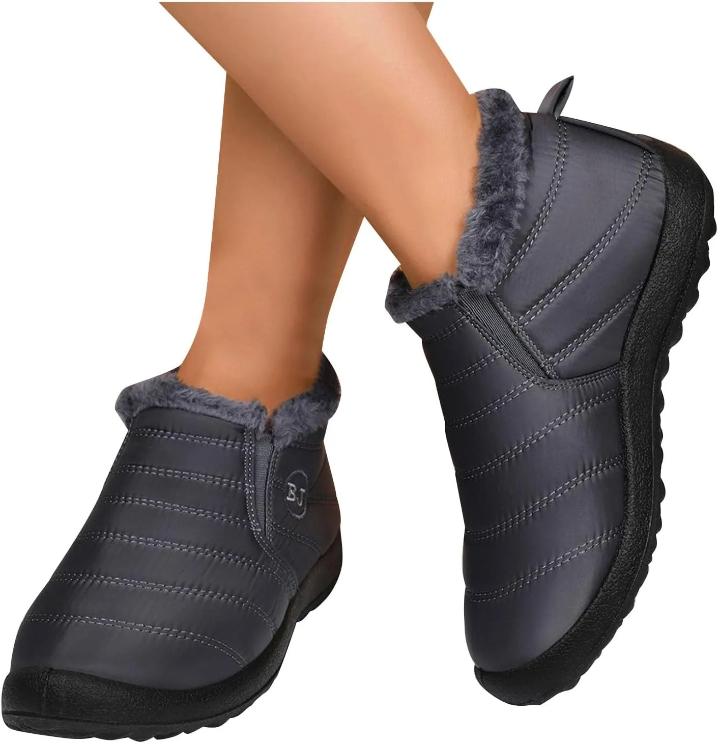 Fur Lined Ankle Boots Women Winter Warm Fleece Shoes Comfort Flat Booties Slip on Snow Booties Walking Boot