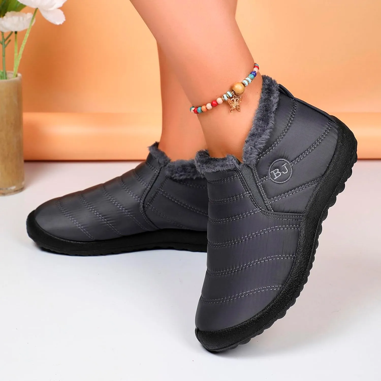 Fur Lined Ankle Boots Women Winter Warm Fleece Shoes Comfort Flat Booties Slip on Snow Booties Walking Boot