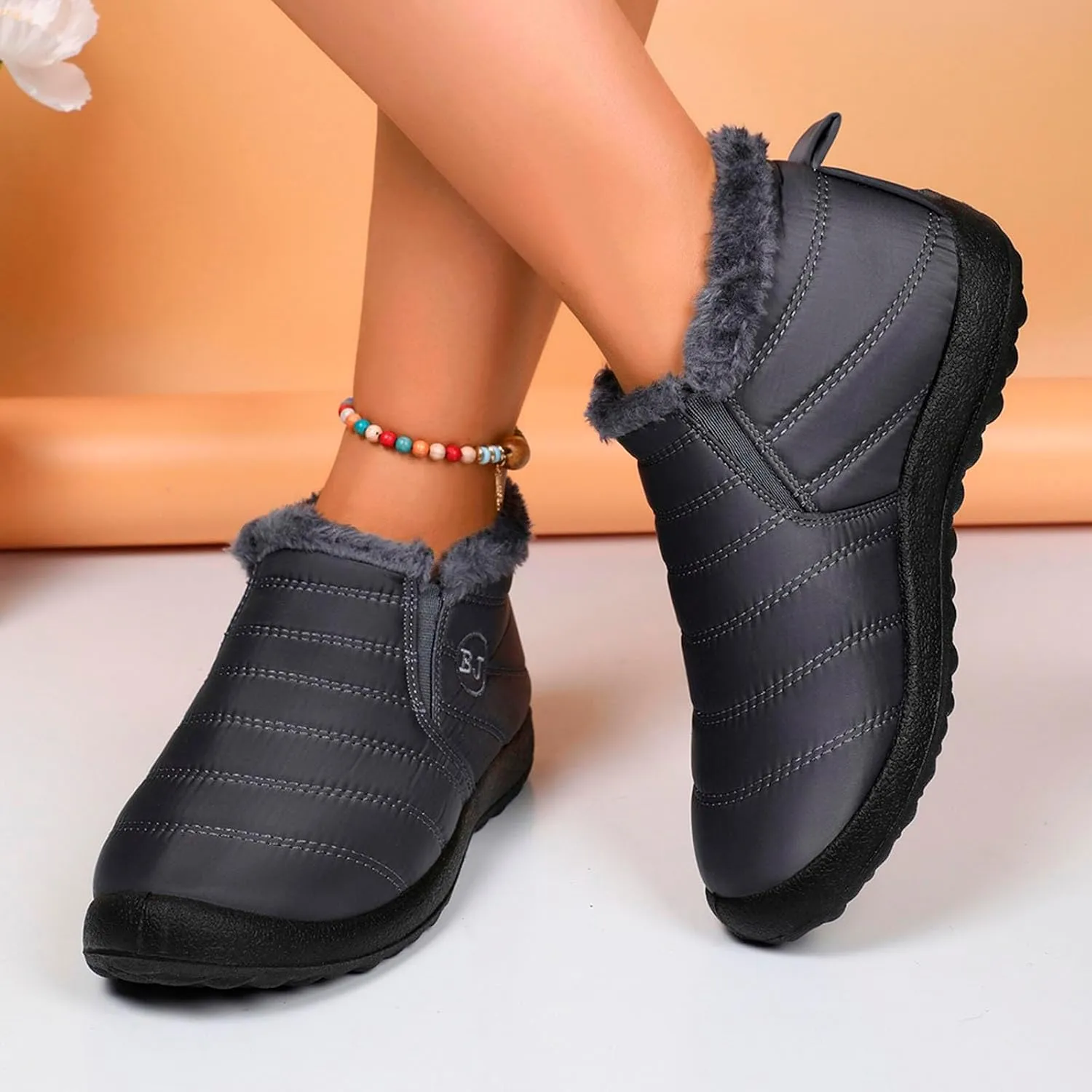 Fur Lined Ankle Boots Women Winter Warm Fleece Shoes Comfort Flat Booties Slip on Snow Booties Walking Boot