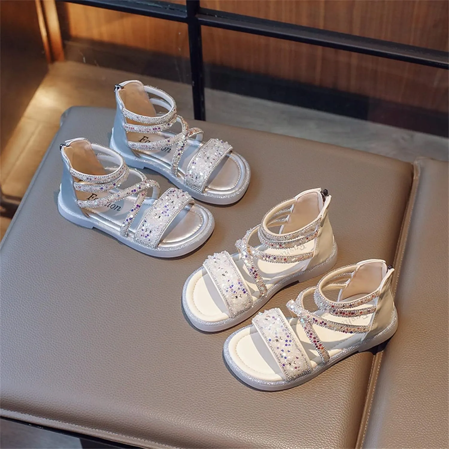 Girls Ankle Open Toe Sandals 𝗟ow Heels Sequins Princess Shoes Toddler Summer Soft Sole Open Toe Dress Loafers Shoes