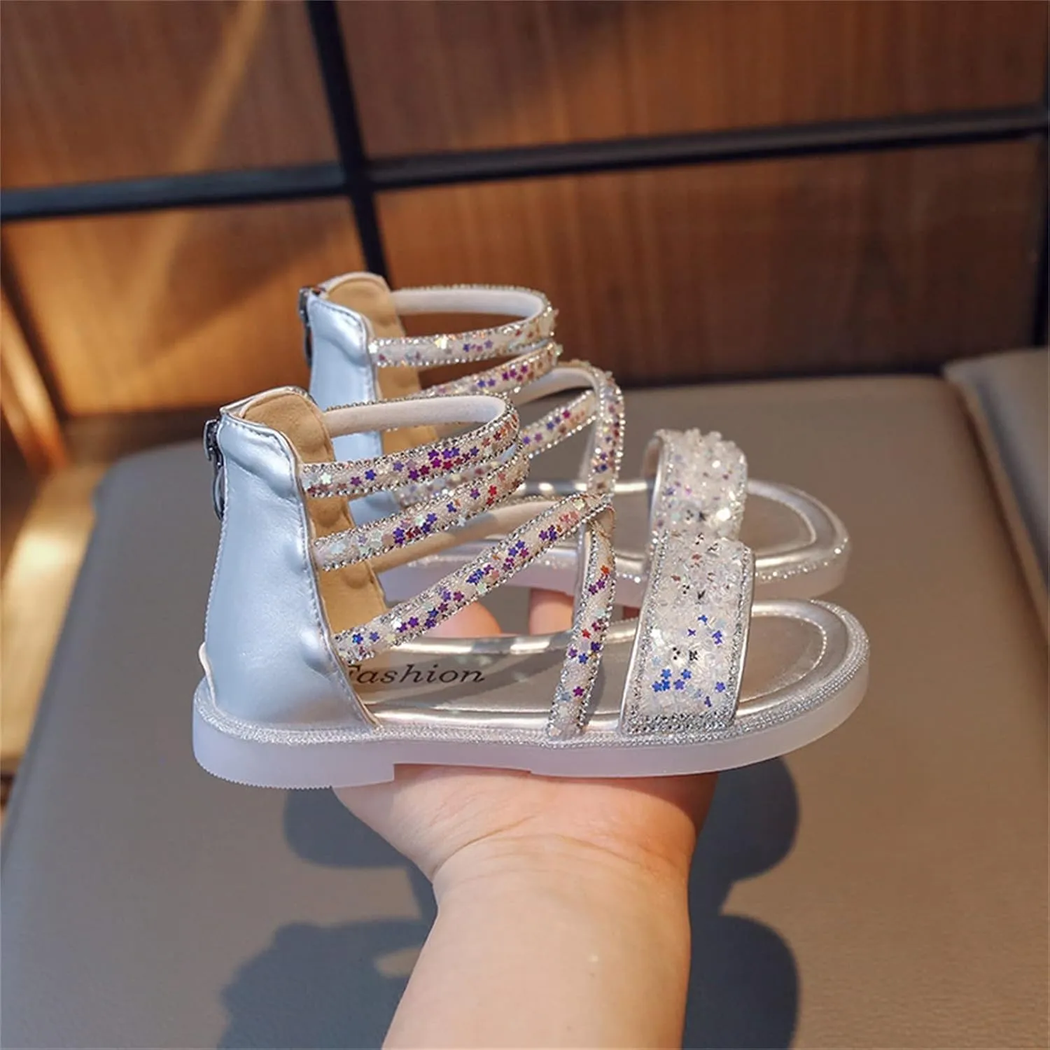 Girls Ankle Open Toe Sandals 𝗟ow Heels Sequins Princess Shoes Toddler Summer Soft Sole Open Toe Dress Loafers Shoes