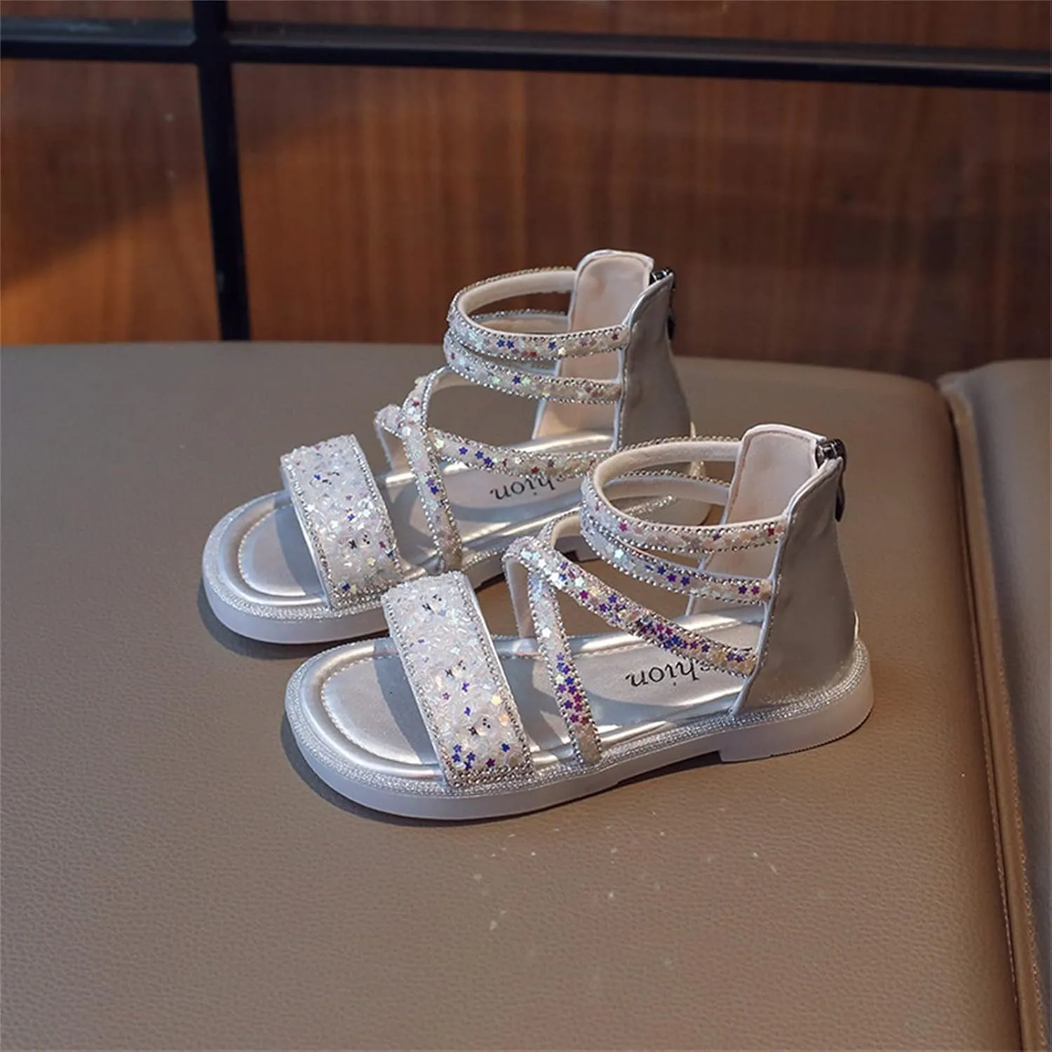 Girls Ankle Open Toe Sandals 𝗟ow Heels Sequins Princess Shoes Toddler Summer Soft Sole Open Toe Dress Loafers Shoes