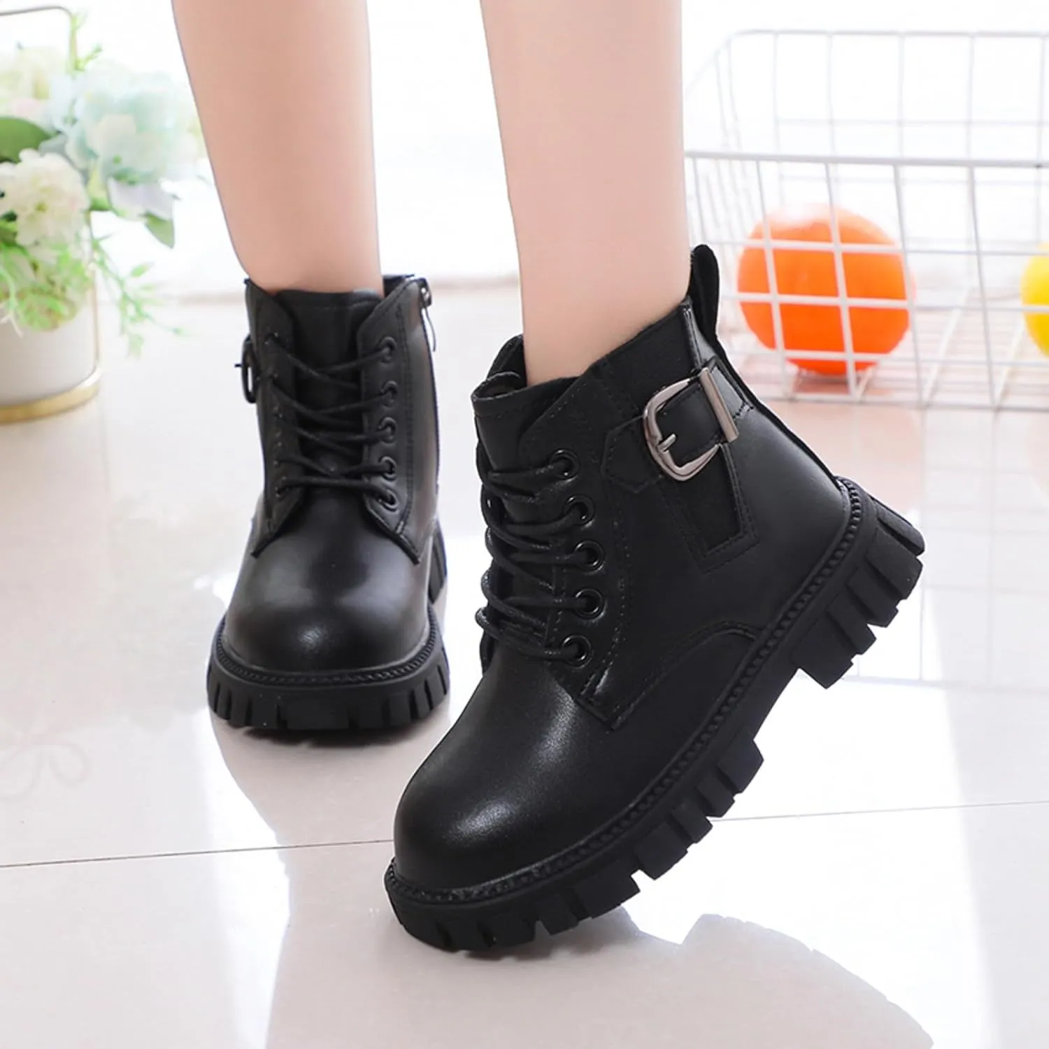 Girl's Combat Boots Ankle Booties Lace Up Side Zipper Riding Boots Faux Leather Short Booties (Little Kid/Big Kid)