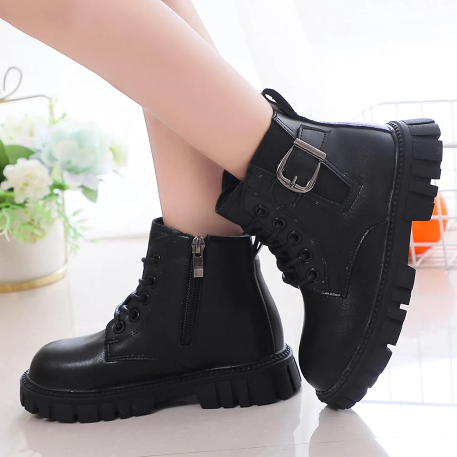 Girl's Combat Boots Ankle Booties Lace Up Side Zipper Riding Boots Faux Leather Short Booties (Little Kid/Big Kid)