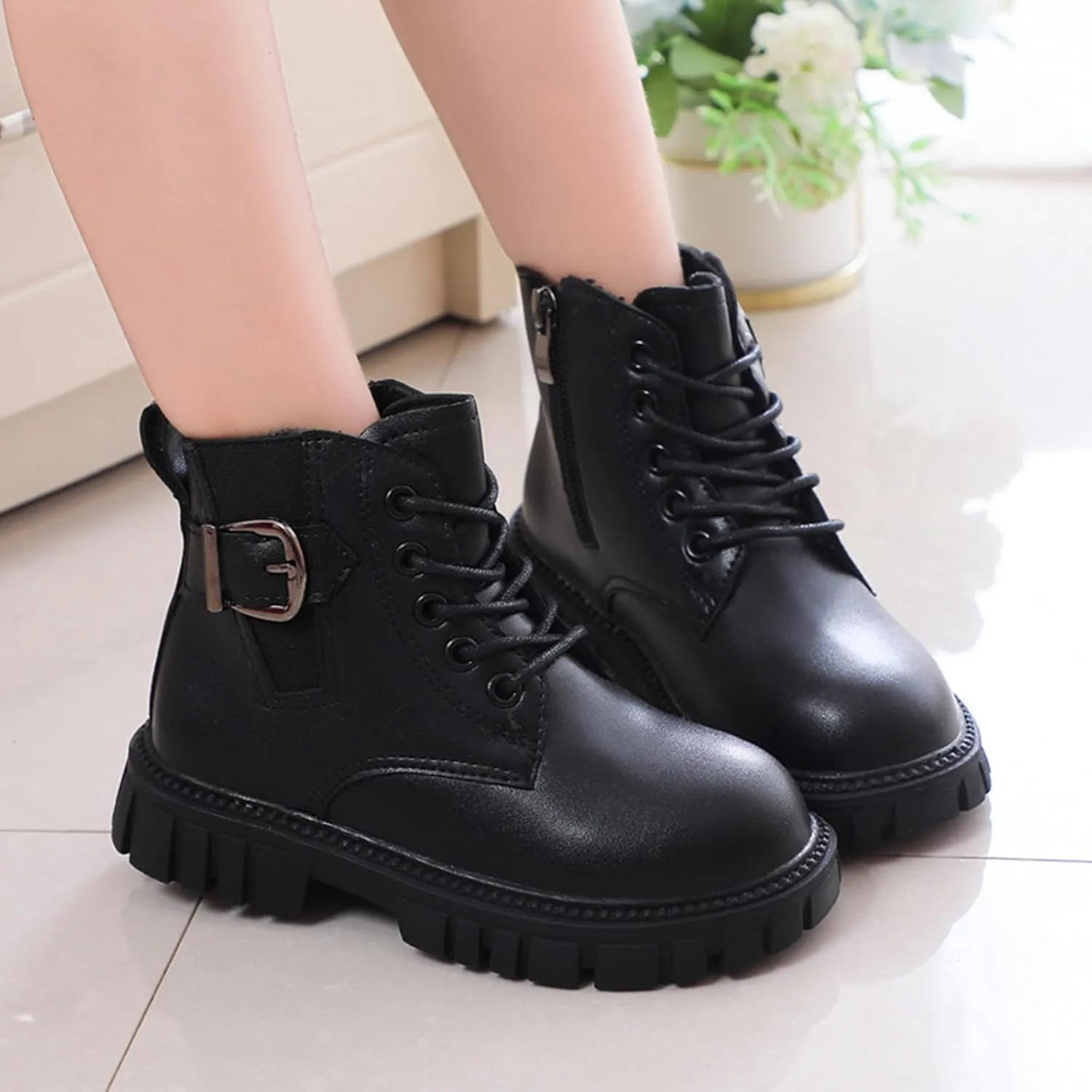 Girl's Combat Boots Ankle Booties Lace Up Side Zipper Riding Boots Faux Leather Short Booties (Little Kid/Big Kid)