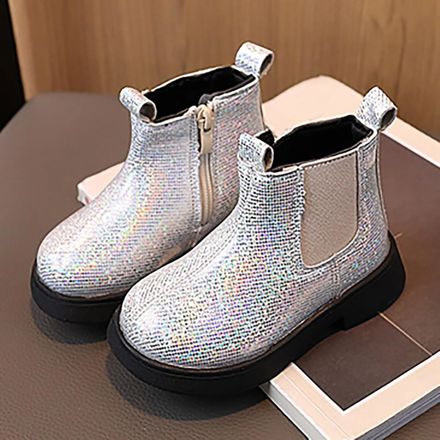 Girls Glitter Ankle Boots Side Zipper Short Booties Kids Slip On Platform Short Boots Elastic Low Heel Boot Shoes