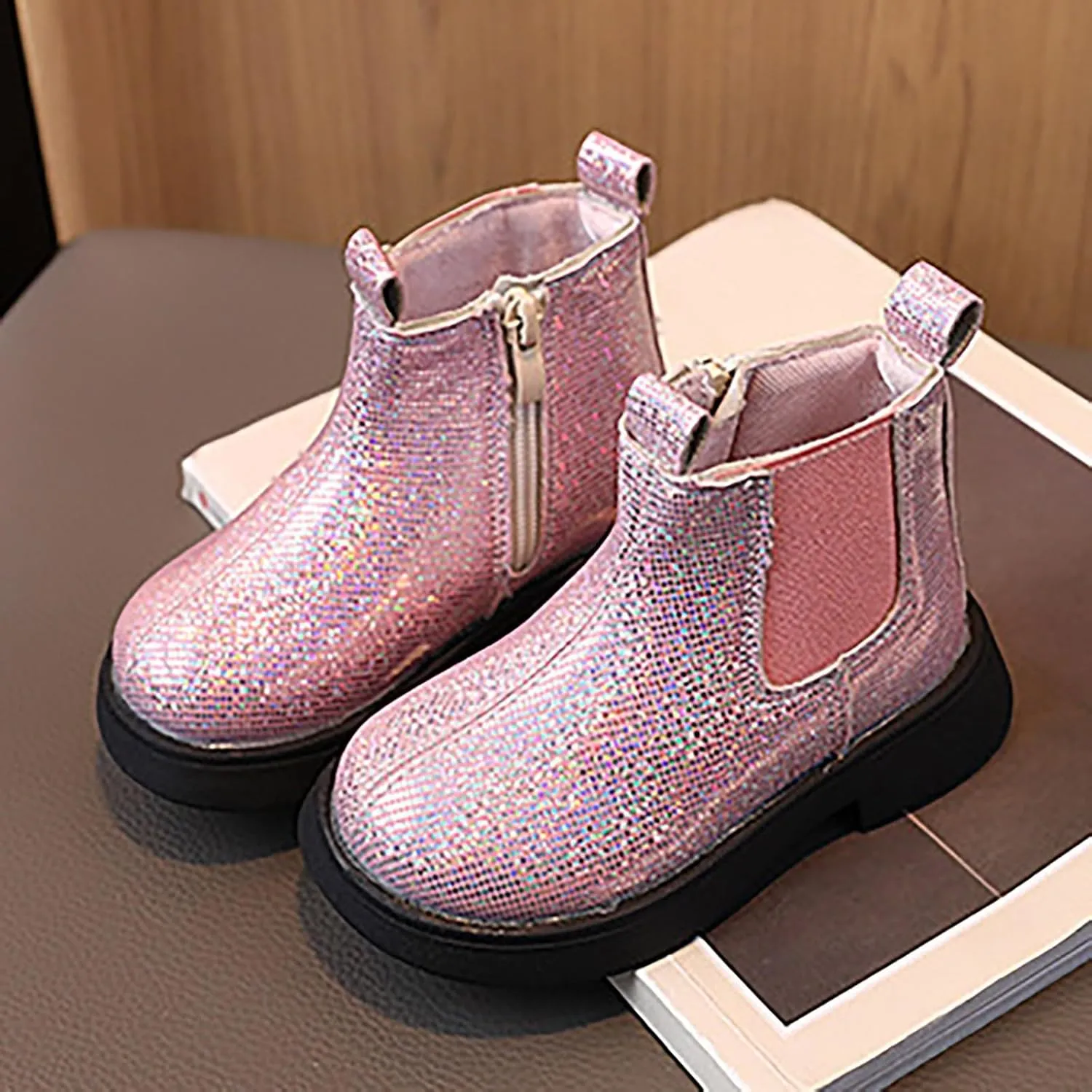Girls Glitter Ankle Boots Side Zipper Short Booties Kids Slip On Platform Short Boots Elastic Low Heel Boot Shoes
