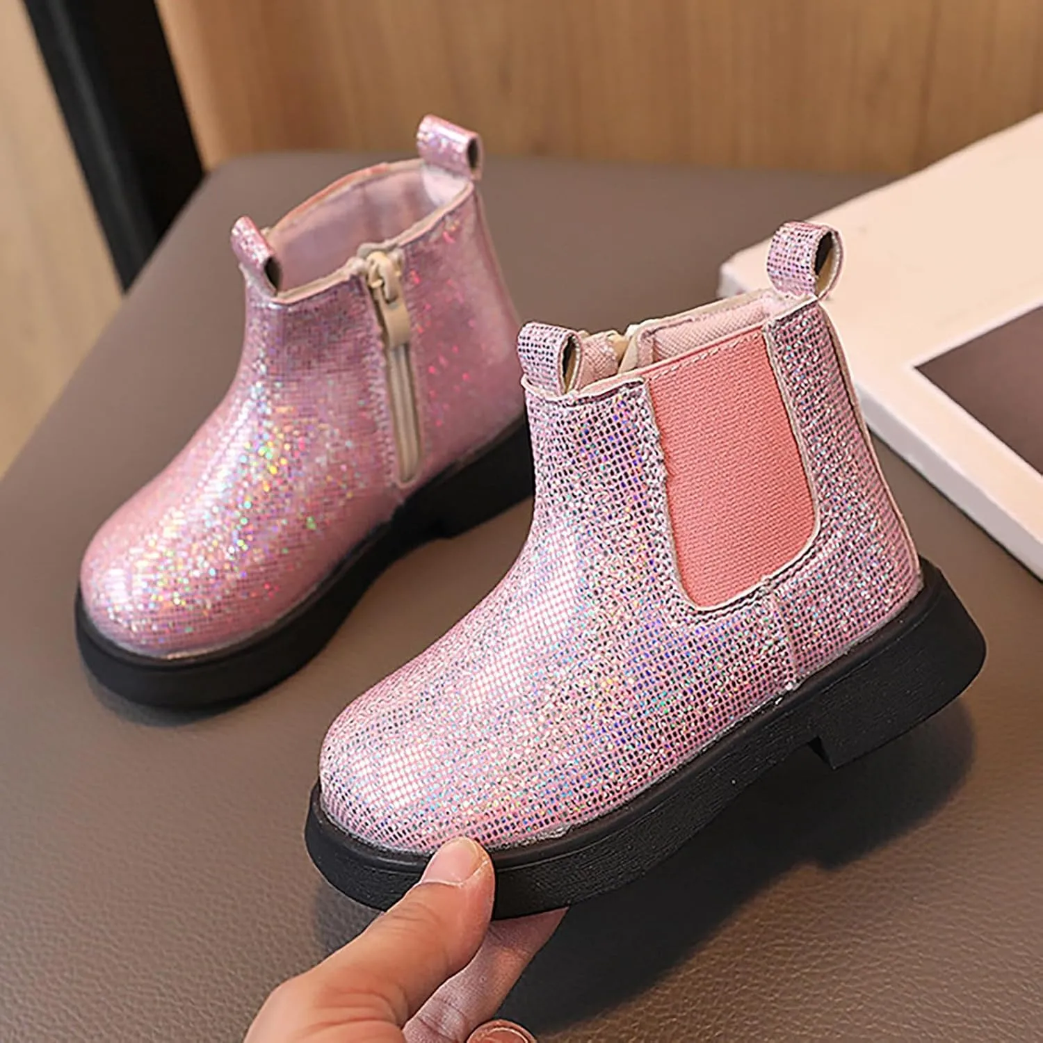 Girls Glitter Ankle Boots Side Zipper Short Booties Kids Slip On Platform Short Boots Elastic Low Heel Boot Shoes