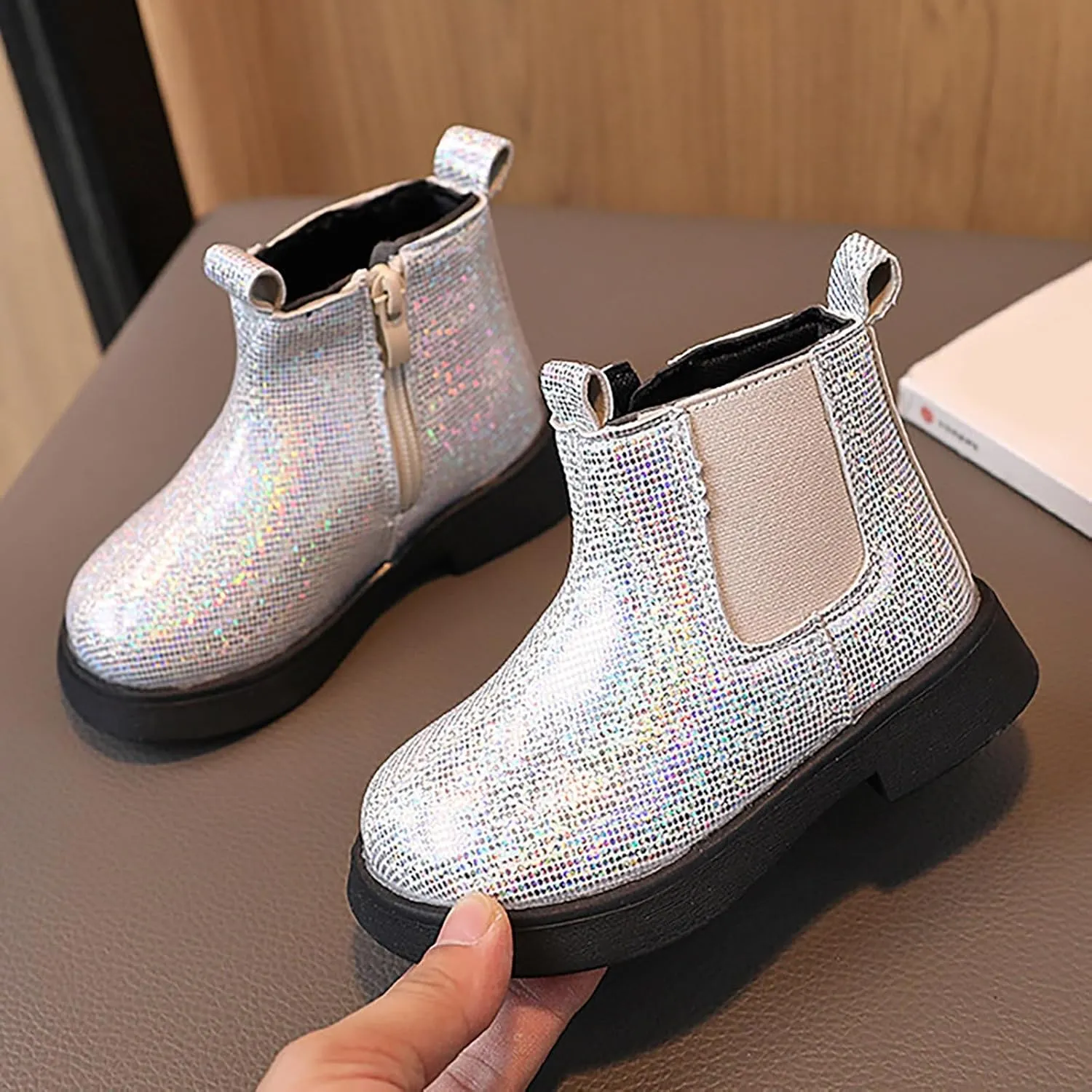 Girls Glitter Ankle Boots Side Zipper Short Booties Kids Slip On Platform Short Boots Elastic Low Heel Boot Shoes