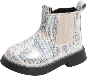 Girls Glitter Ankle Boots Side Zipper Short Booties Kids Slip On Platform Short Boots Elastic Low Heel Boot Shoes
