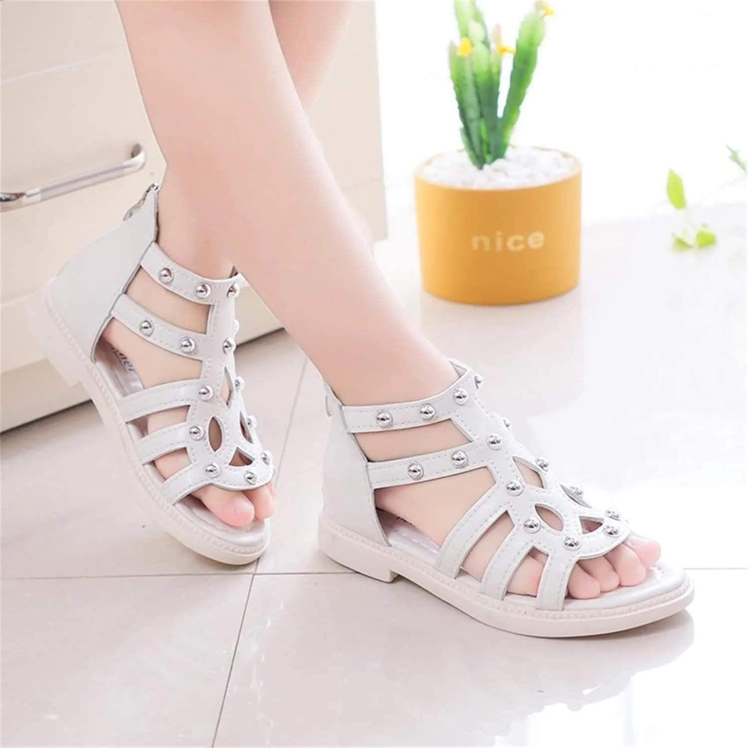 Girls Kids Short Gl𝐚diator Sandals Shoes Ankle Rubber Leather Non Slip Shoes Baby Toddler Side Zipper Summer Casual