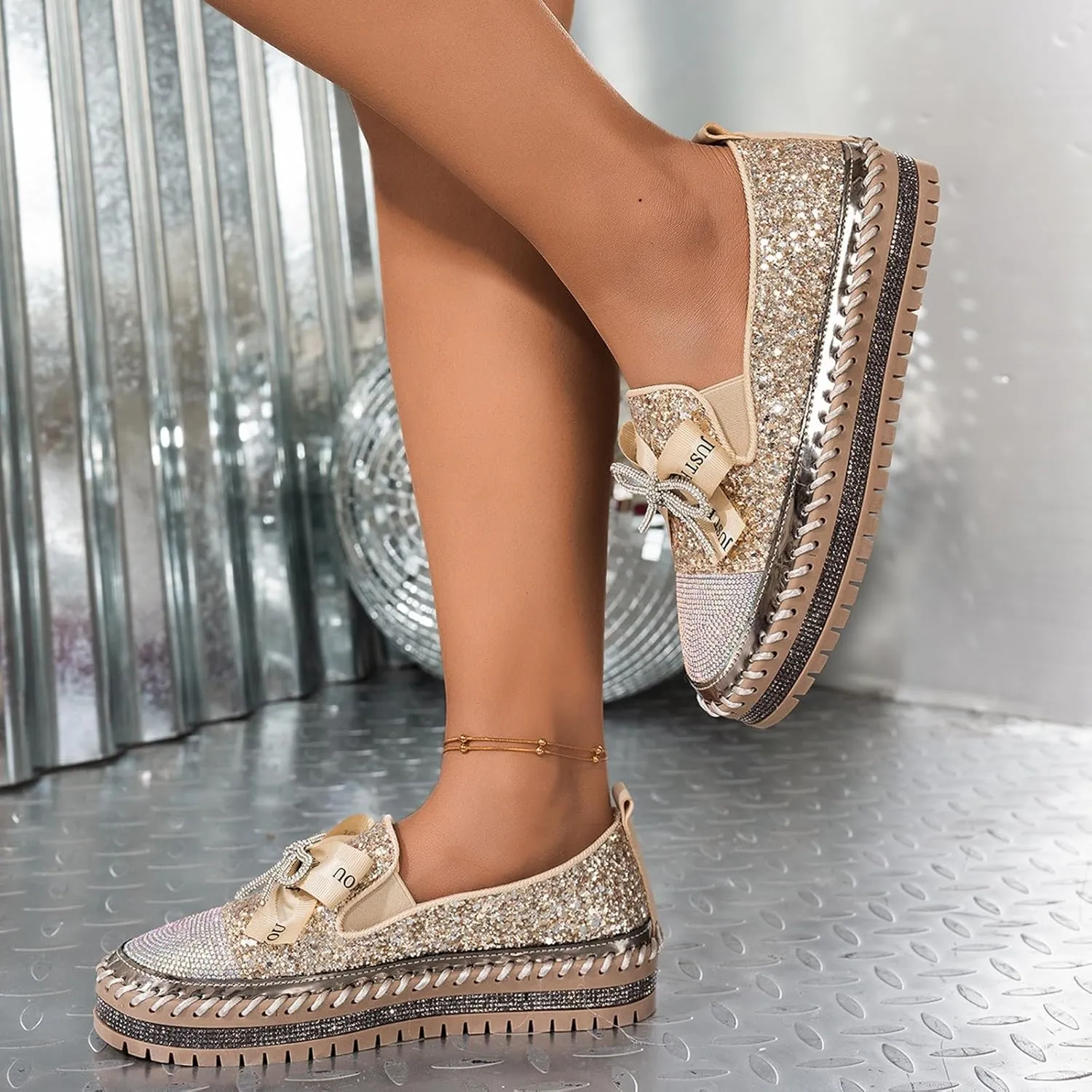 Glitter Women Slip On Sneakers Platform Sneakers Casual Rhinestones Sneakers Sparkle Sneakers Sequin Tennis Shoes