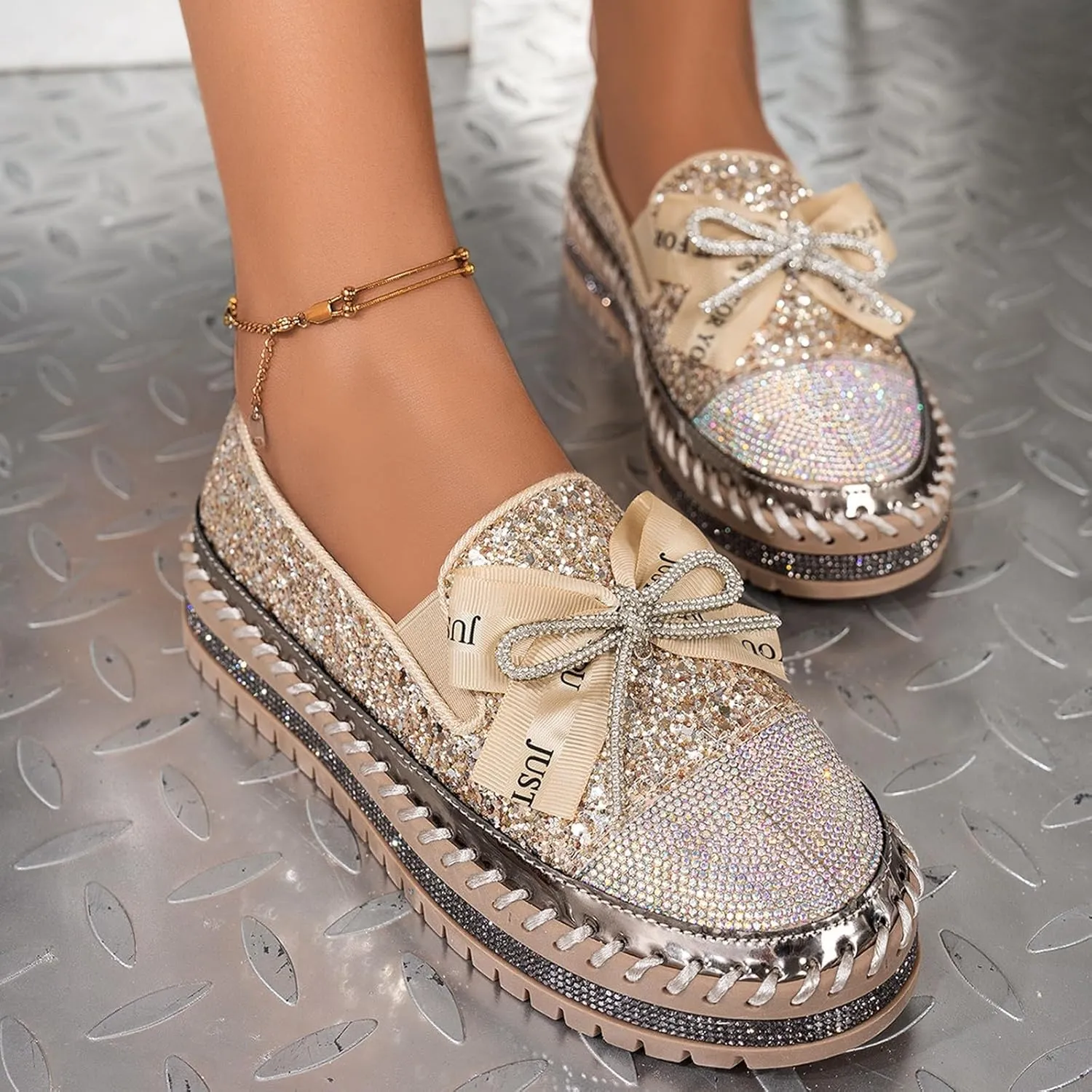 Glitter Women Slip On Sneakers Platform Sneakers Casual Rhinestones Sneakers Sparkle Sneakers Sequin Tennis Shoes