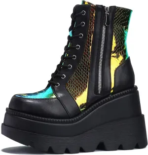 GUNIYIFS Womens Combat Ankle Boots Leather Zipper Lace Up Booties Gothic Boots for Women Platform Chunky Heel Mid Calf Boots