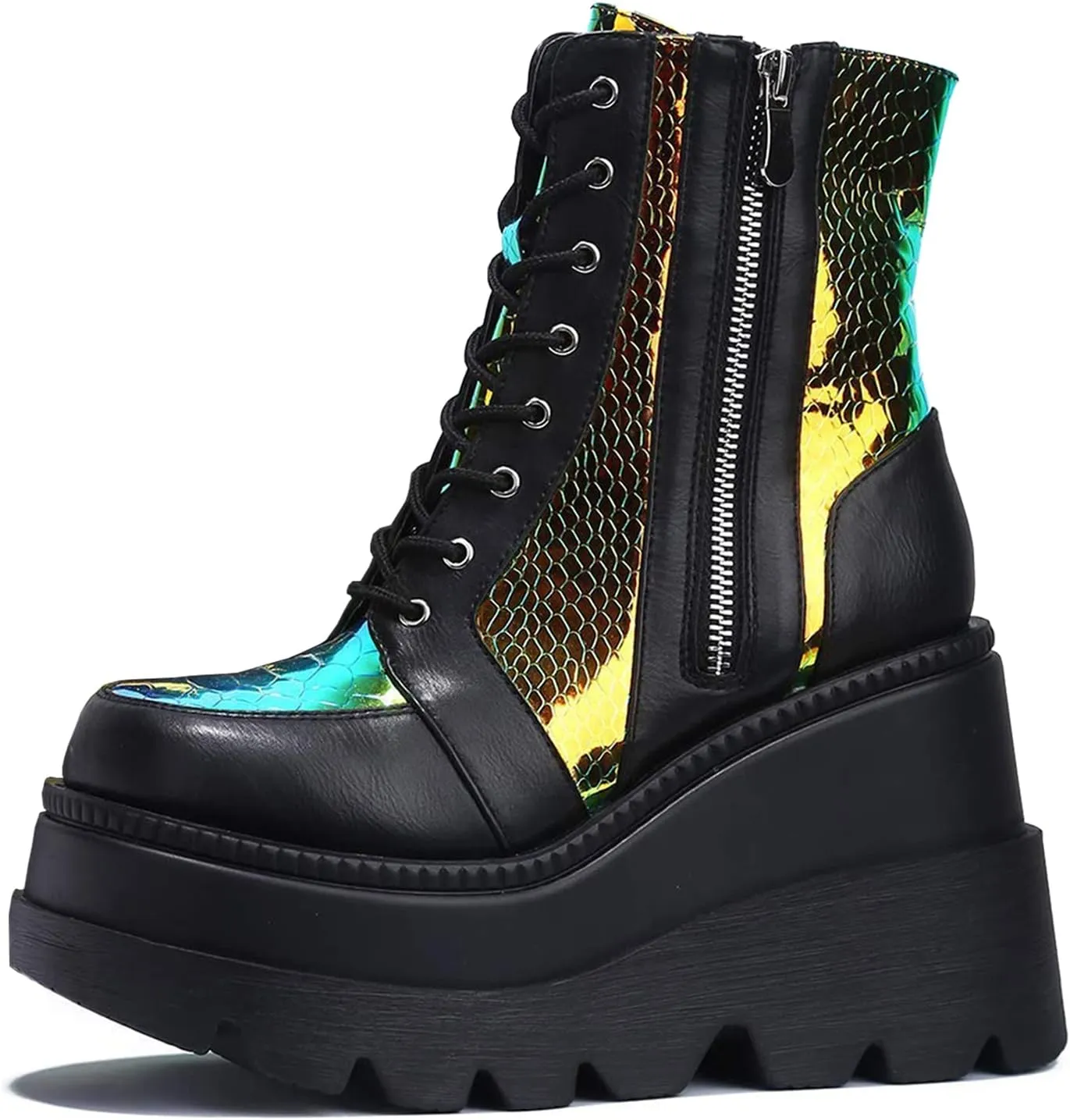 GUNIYIFS Womens Combat Ankle Boots Leather Zipper Lace Up Booties Gothic Boots for Women Platform Chunky Heel Mid Calf Boots